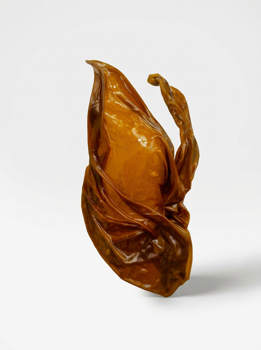 Glossy amber-brown carved sculpture resembling a curled leaf or flower bud on a white background