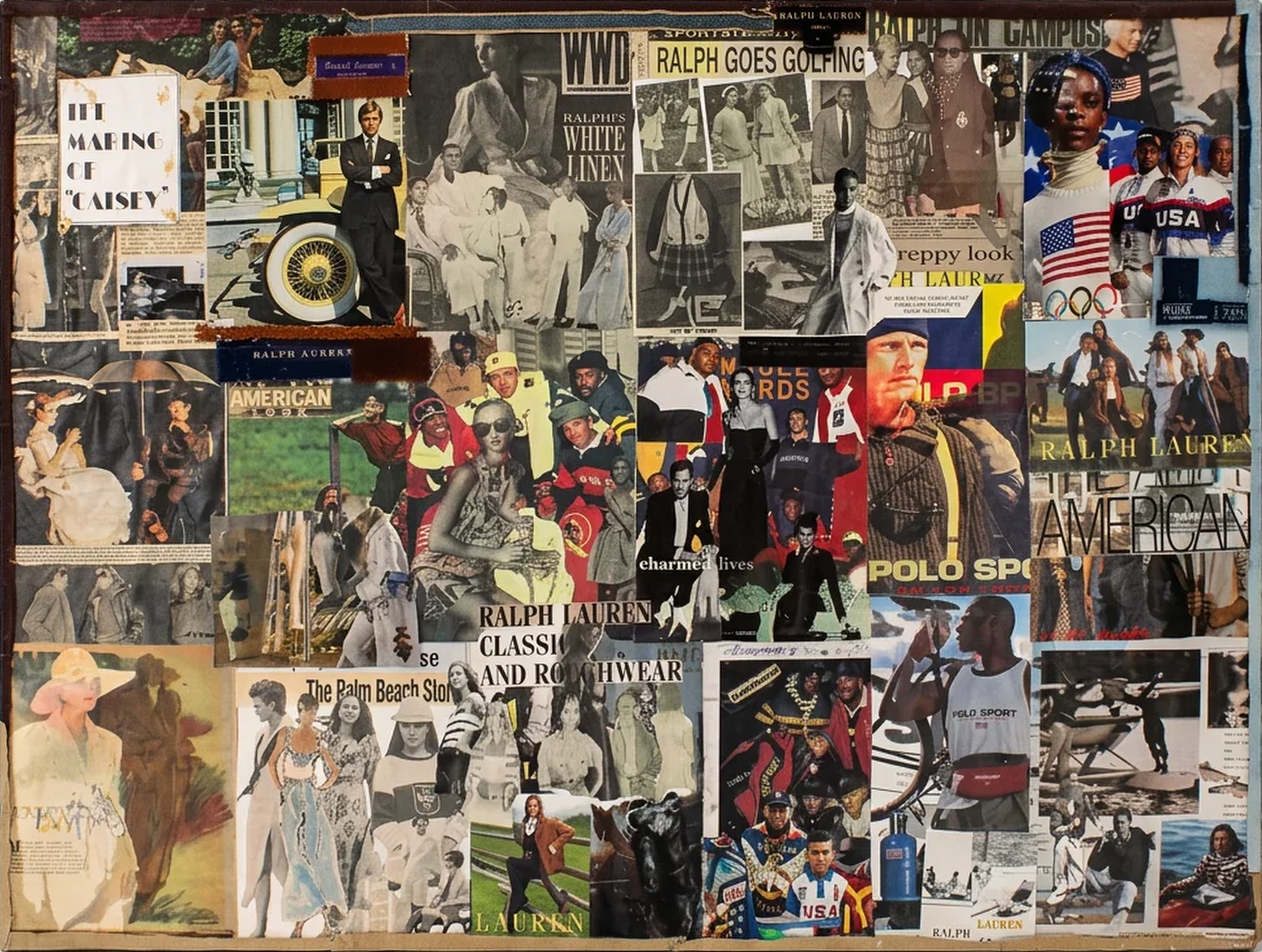 Ralph Lauren fashion collage featuring vintage advertisements, clothing, models, polo sportswear, equestrian imagery, and Olympic athletes