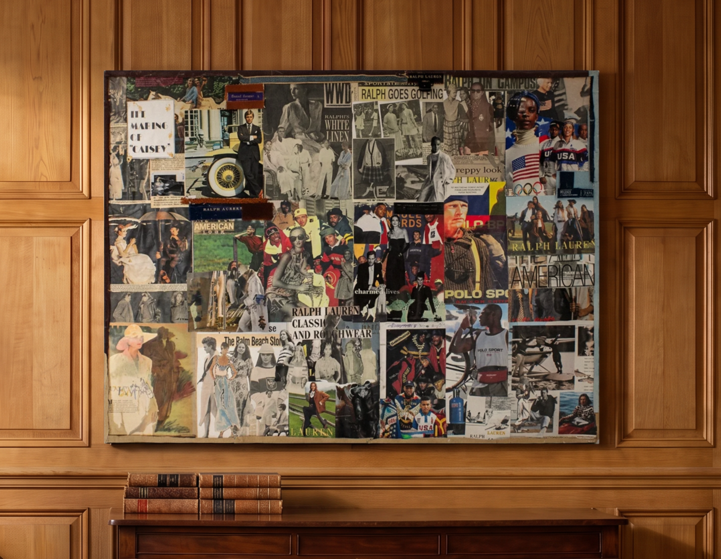 Ralph Lauren fashion collage artwork mounted on a wood-paneled wall above a console table with stacked books