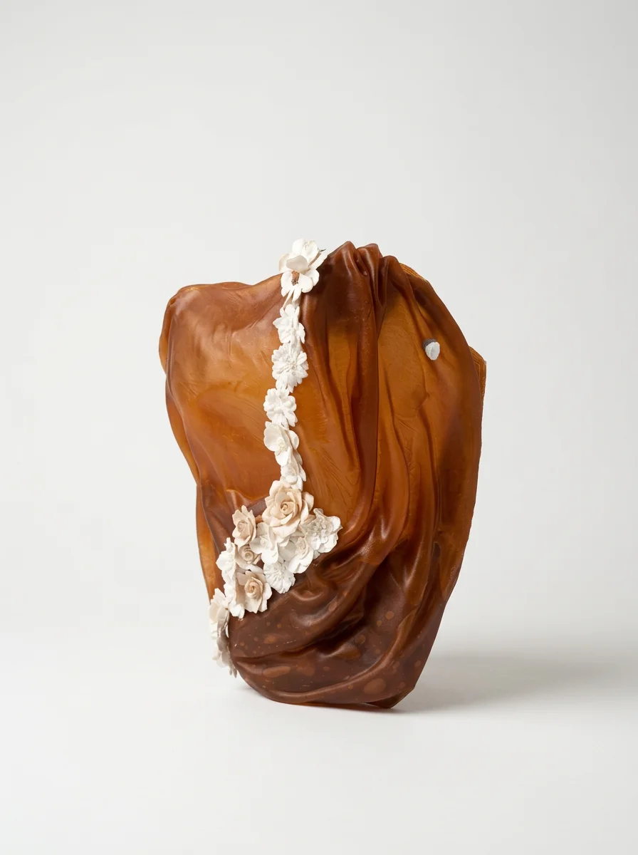 Brown draped sculpture adorned with a white floral garland on a light background