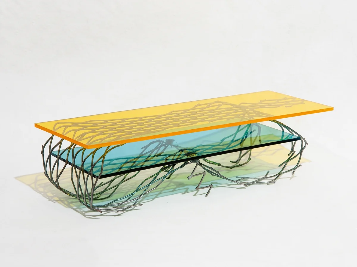 Abstract modern coffee table with translucent yellow and blue glass panels and a sculptural tangled metal-wire base