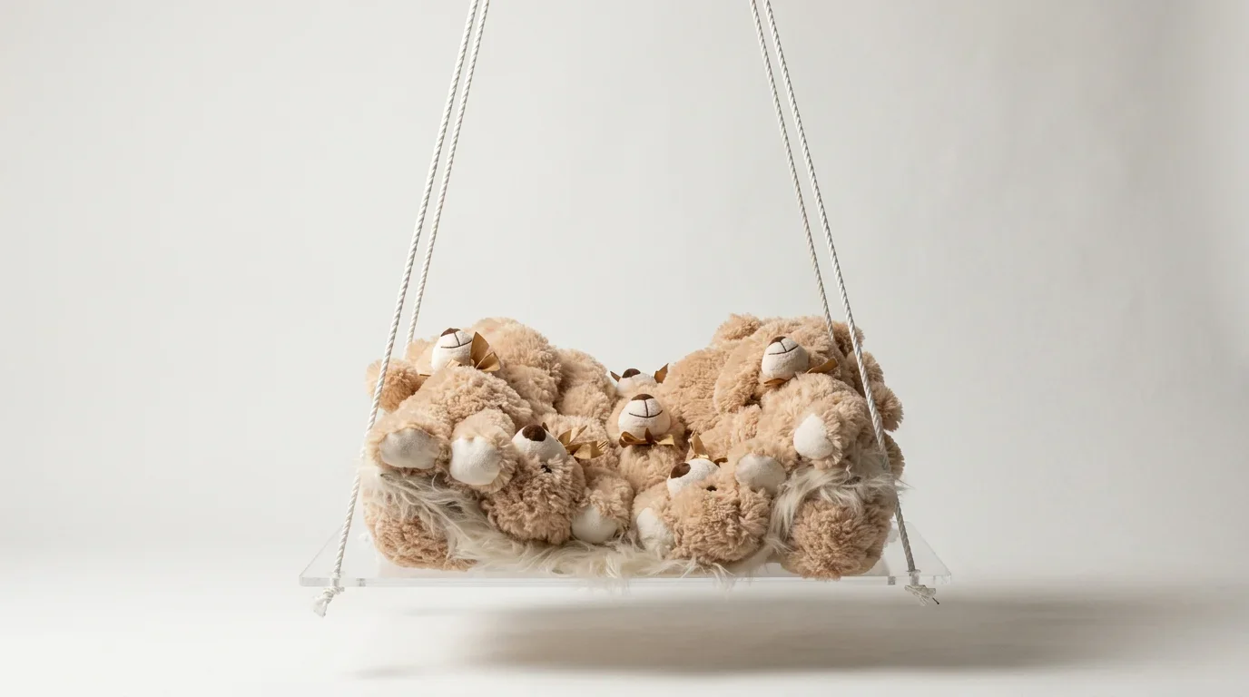 Cluster of plush teddy bears sitting on a suspended clear acrylic swing