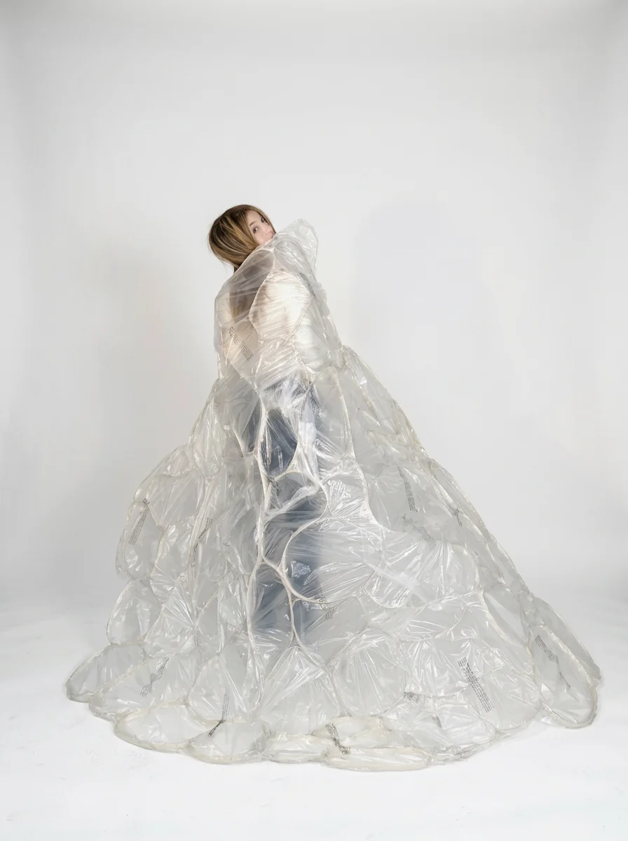 Woman wearing a voluminous transparent plastic gown in a minimalist white studio