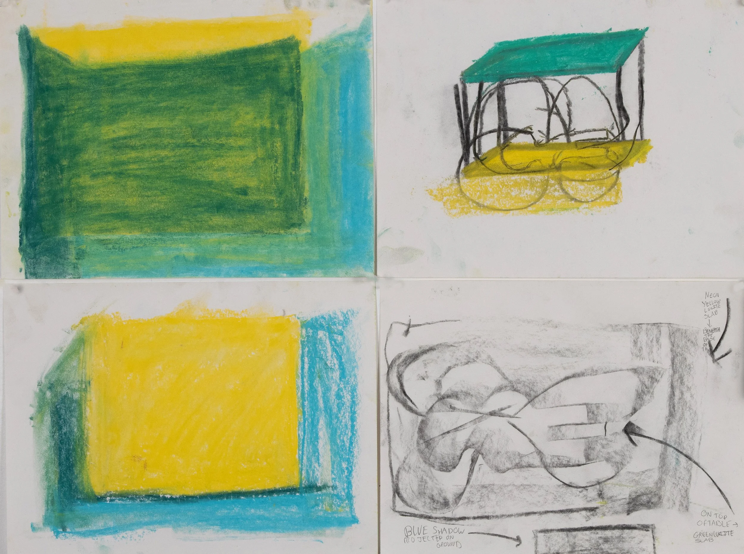 Four-panel artwork showing colorful abstract paintings and pencil sketches of a rocky landscape with trees, labeled with color and shading notes.