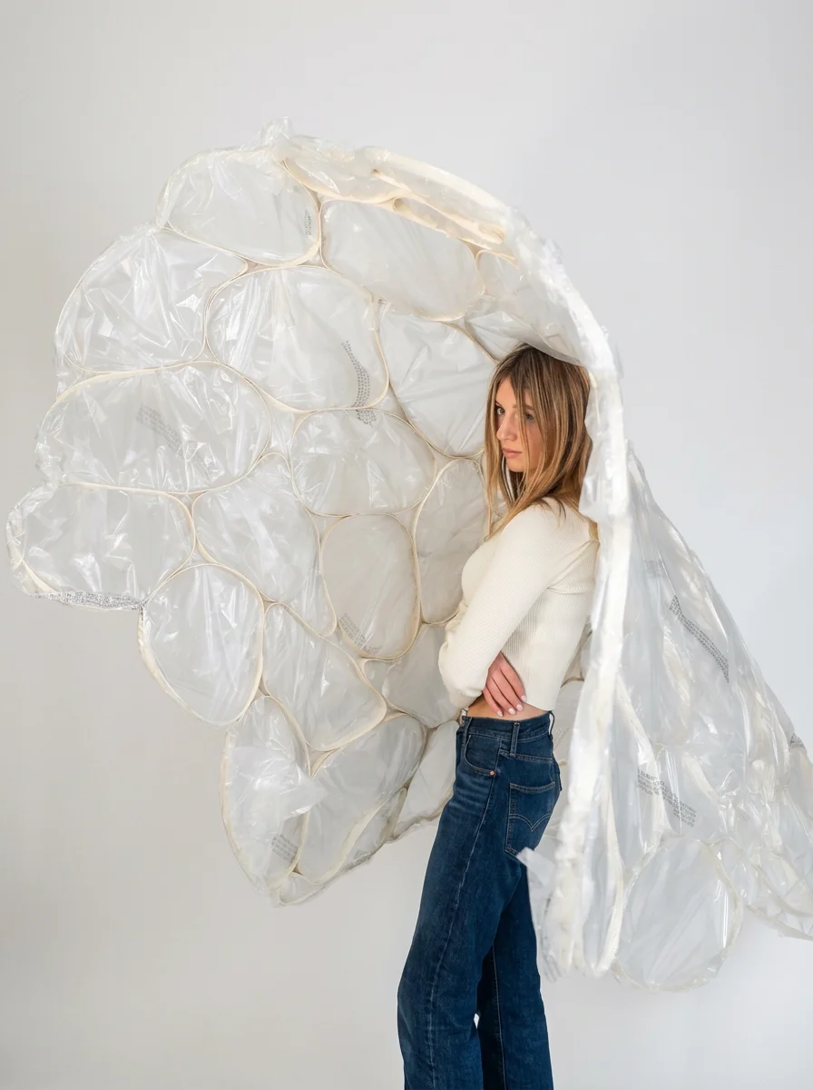 Woman in a white sweater and dark jeans standing beneath a large translucent plastic sculptural installation.