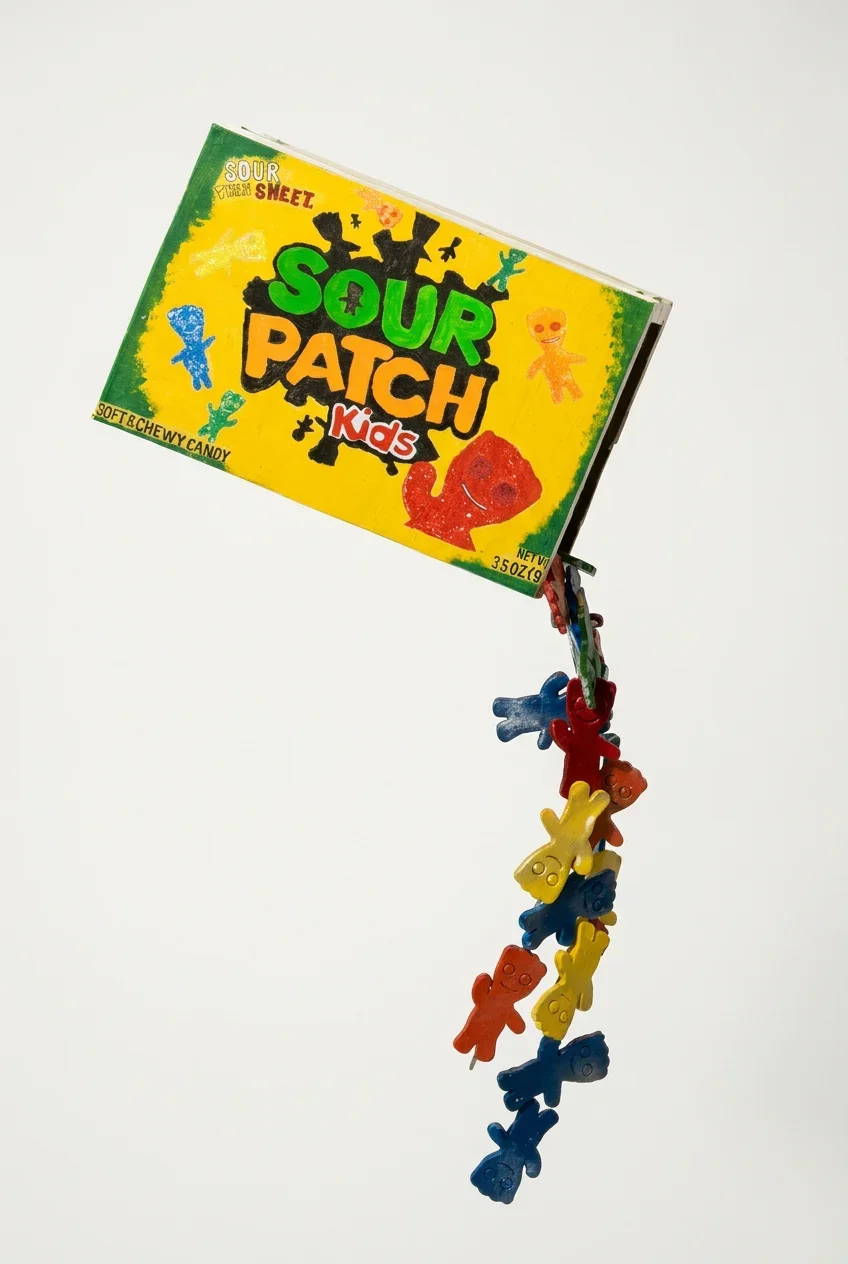 Sour Patch Kids candy box with colorful gummy candies spilling out
