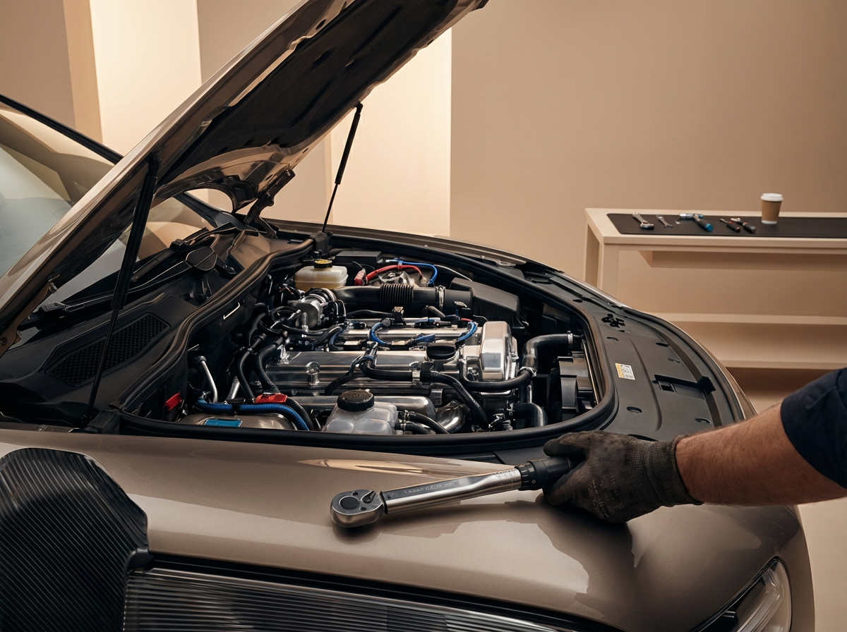 Mechanic using a torque wrench while servicing a car engine with the hood open