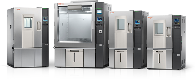 Row of stainless steel environmental test chambers with digital control panels and viewing windows