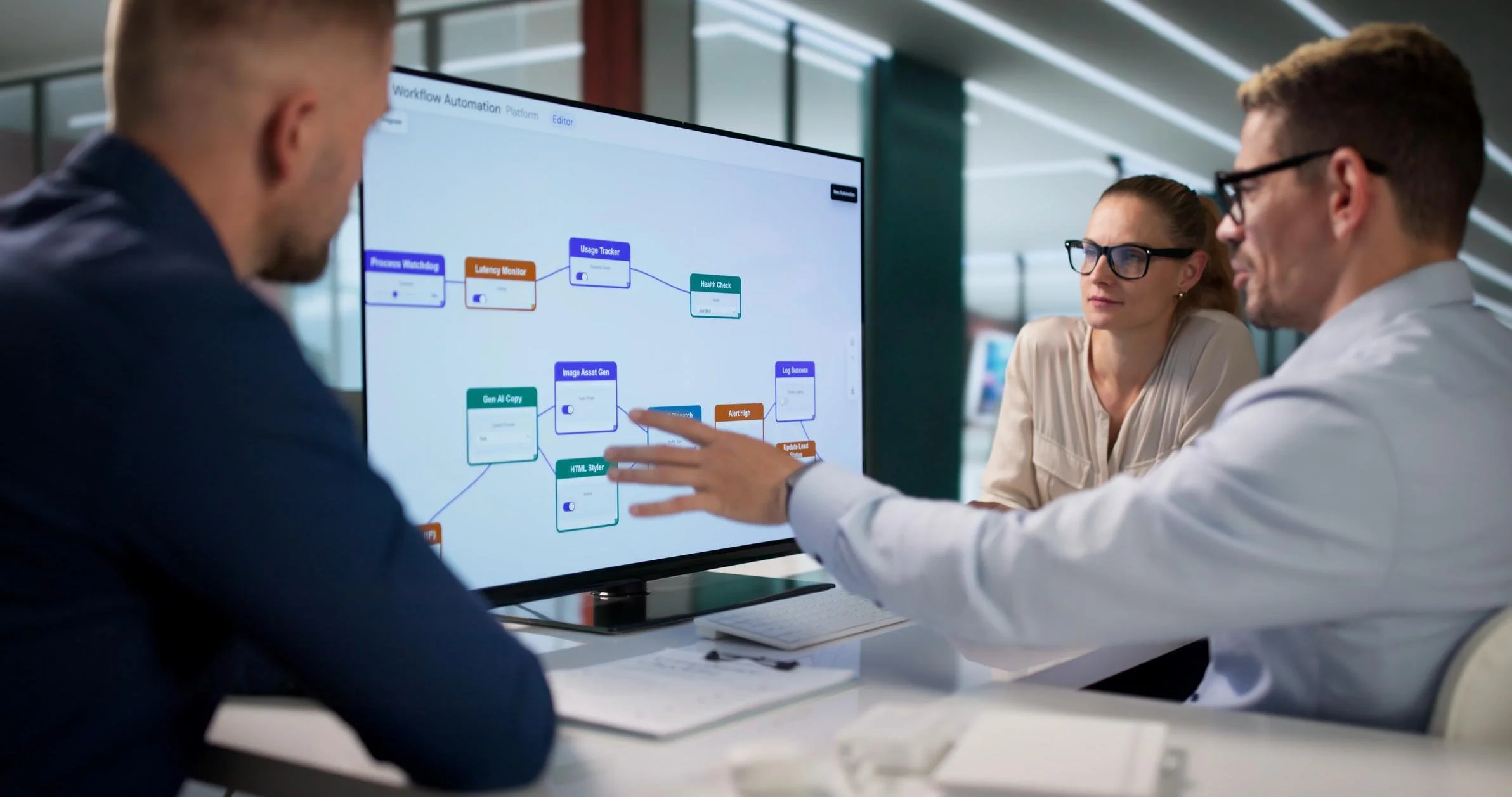 Three business professionals reviewing a workflow automation diagram on a computer monitor