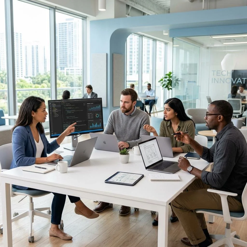 Diverse business team collaborating around a conference table with laptops and data displayed on a monitor in a modern office