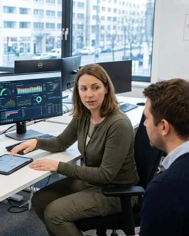 Coworkers discussing data analytics at an office desk with dashboard monitors and a tablet.