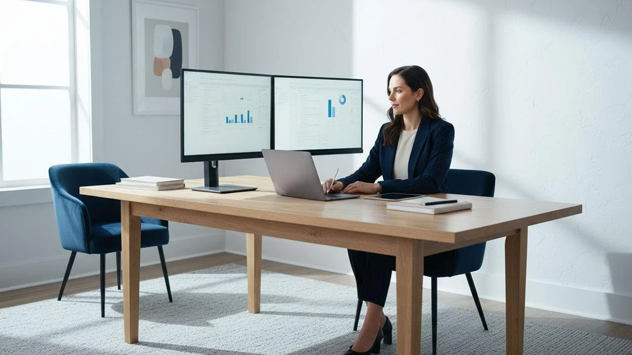 Businesswoman working on a laptop at a desk with dual monitors displaying analytics charts in a modern office