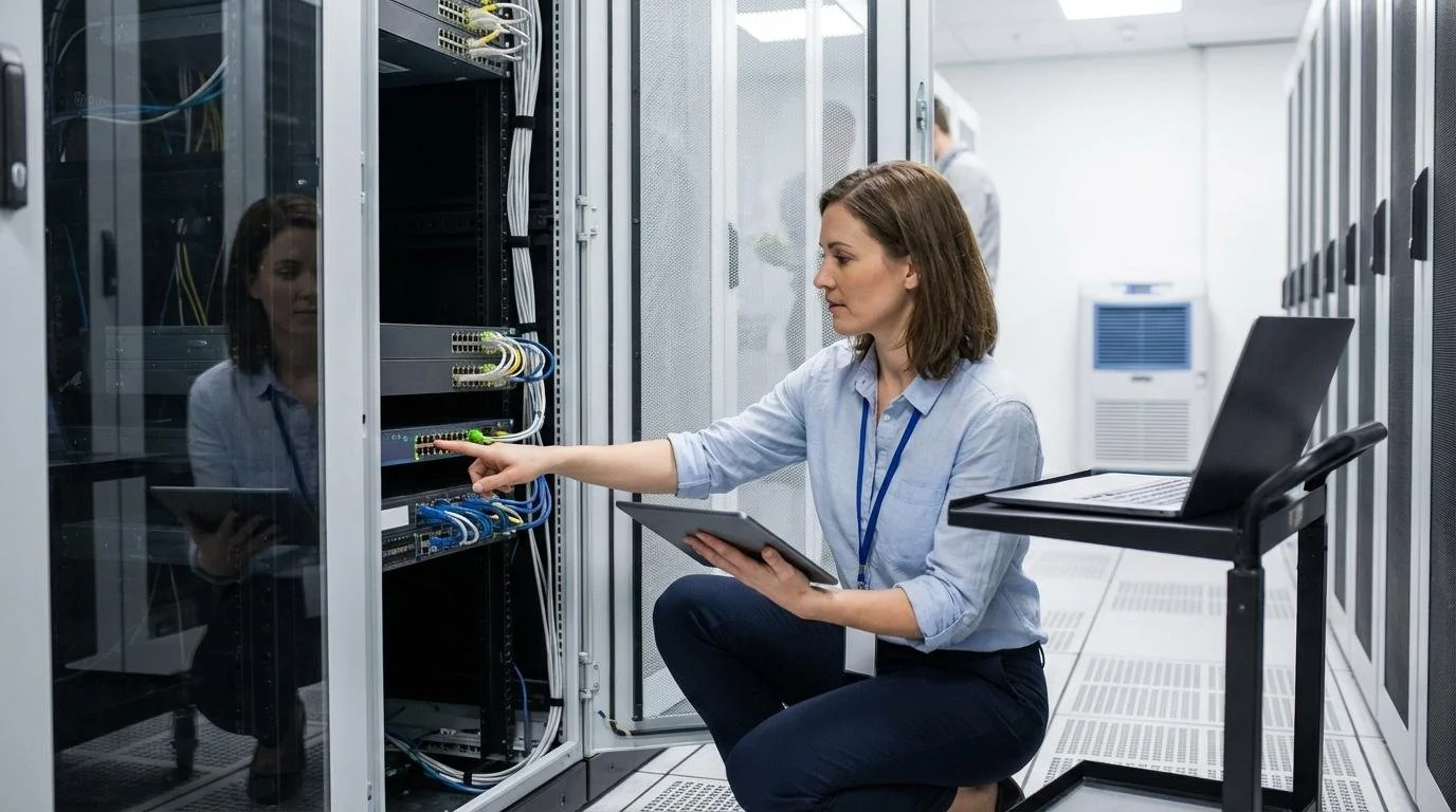 IT technician inspecting network cables in a data center server rack with a tablet