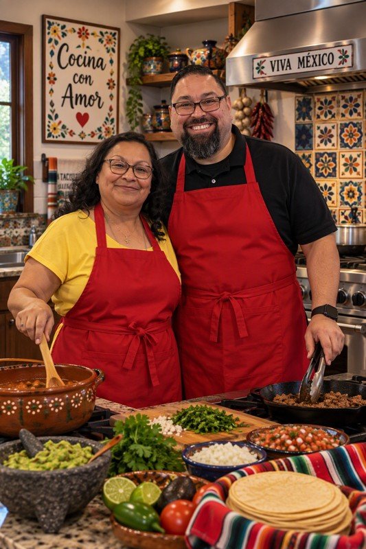 Smiling mother and son in red aprons preparing Mexican food in a colorful kitchen with fresh ingredients and tortillas