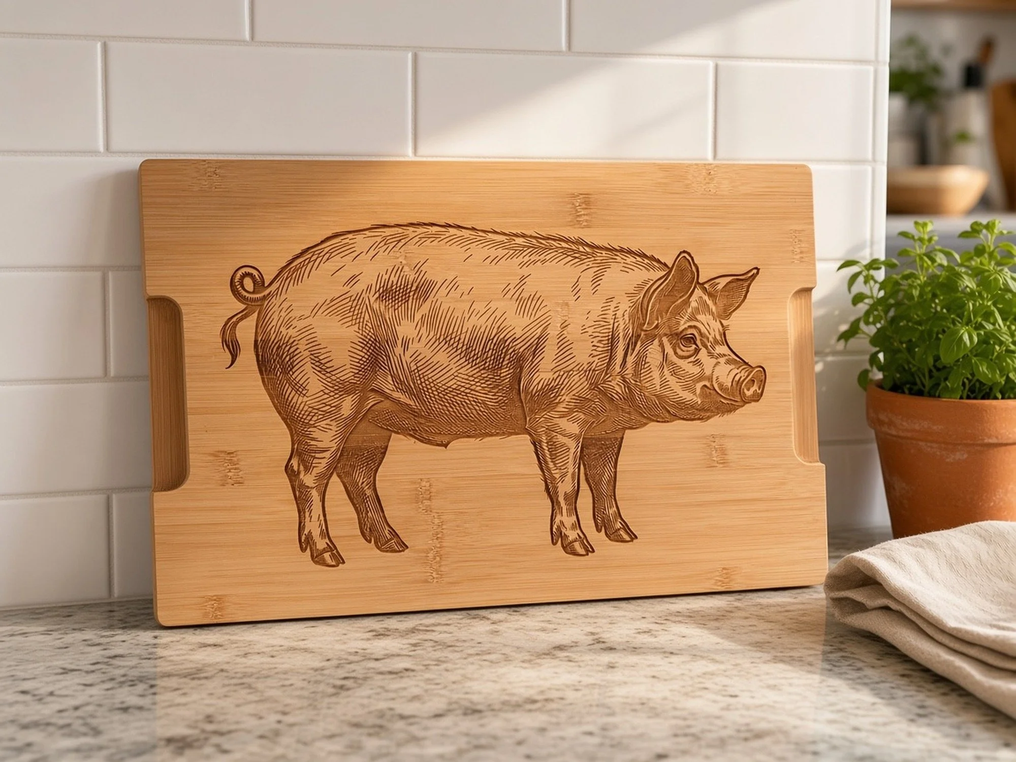 Pig Engraved Bamboo Cutting / Charcuterie Board