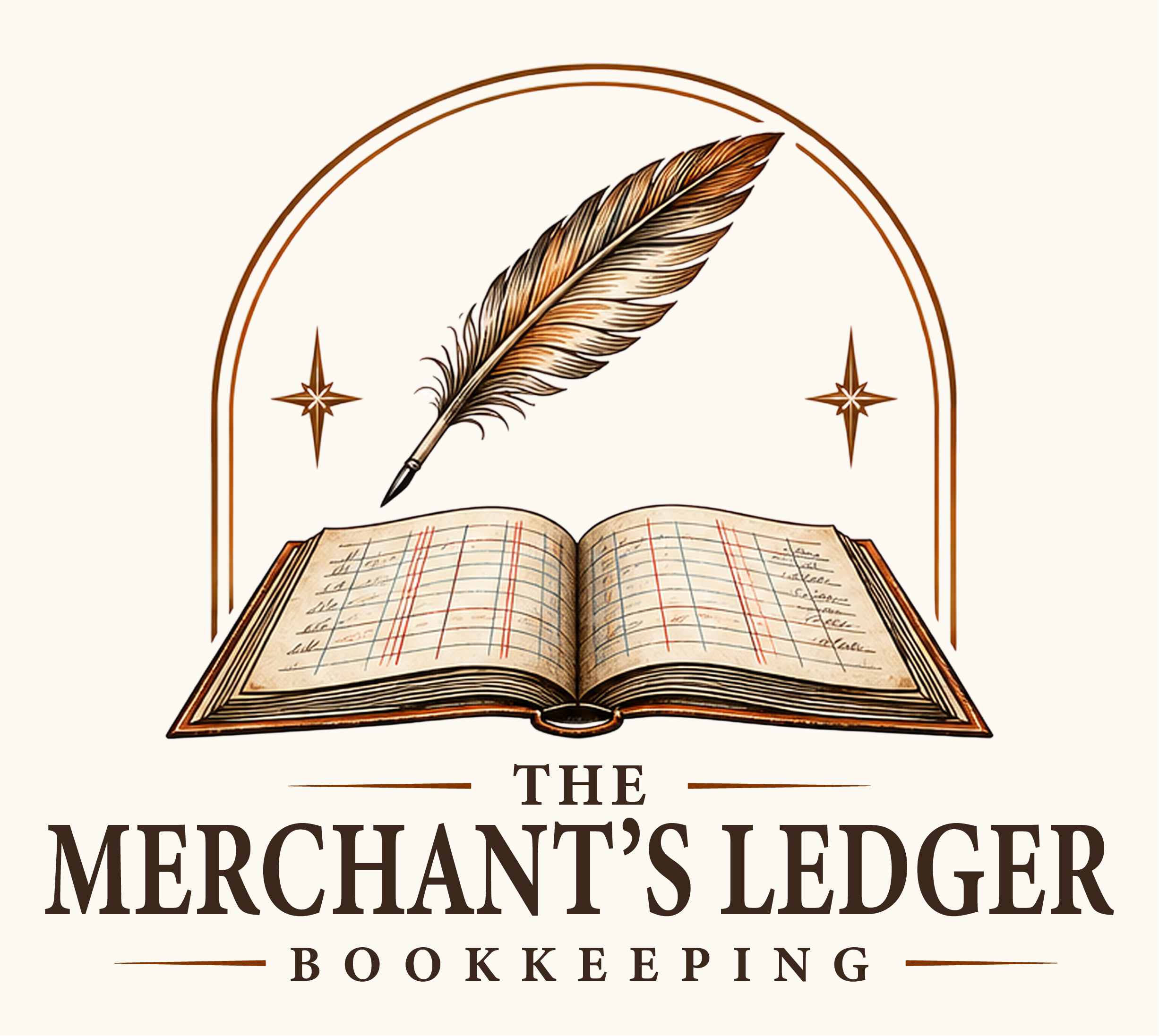 Vintage-style illustration of a quill above an open ledger book with stars and the text “The Merchant’s Ledger Bookkeeping.”