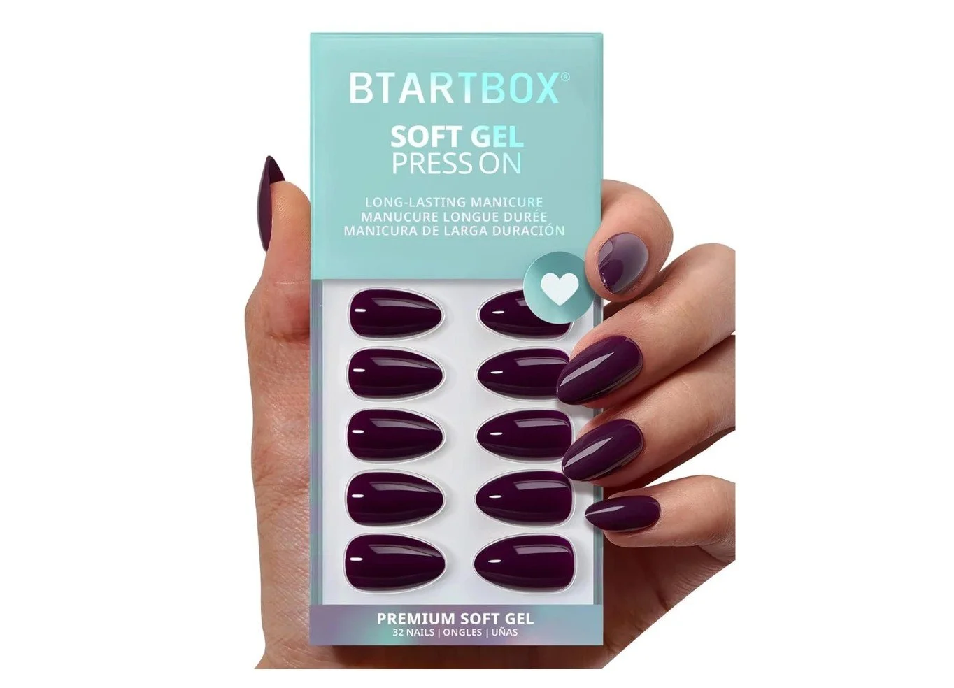 BTArtbox Poison Potion short almond press-on nails in a deep plum