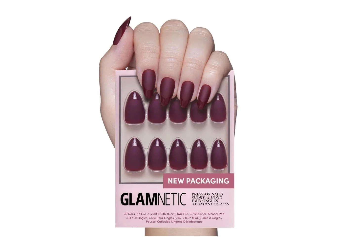 Glamnetic Merlot matte burgundy short almond press-on nails