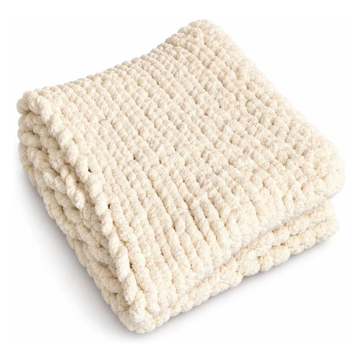 Folded cream chunky knit chenille throw blanket