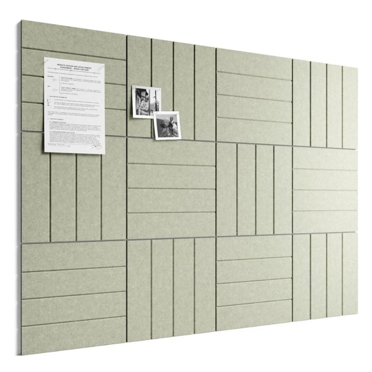 Sage green felt bulletin board tiles with pinned notes and photos