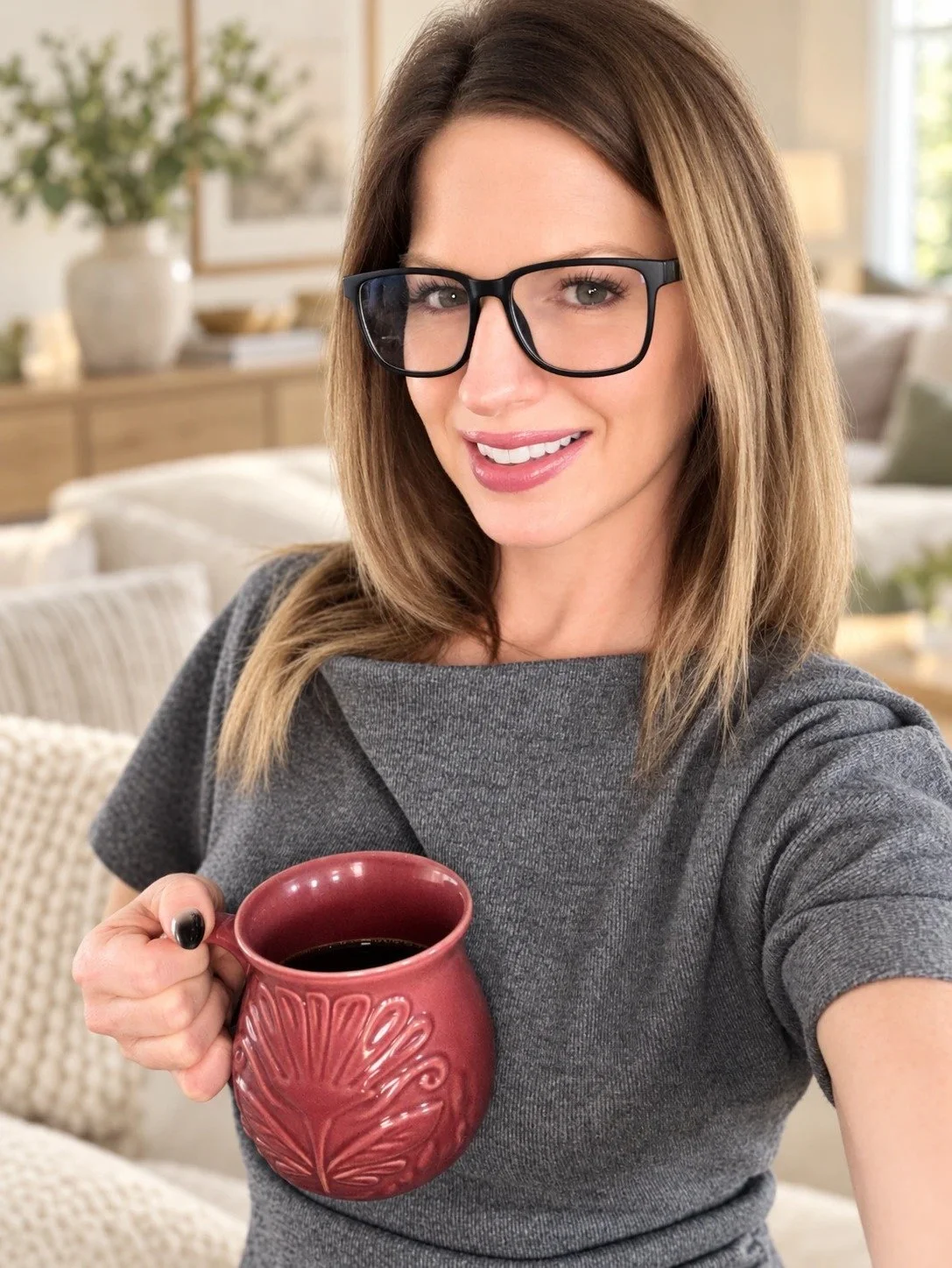 Mandi smiling in black glasses and a gray knit top, holding a burgundy coffee mug in her cozy living room
