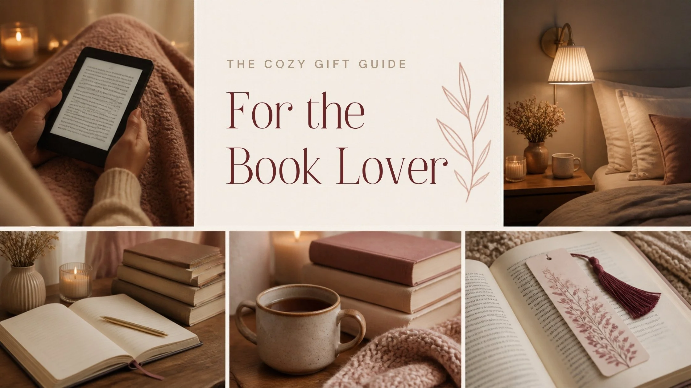 For the Book Lover gift guide collage: reading an e-reader under a pink blanket, a cozy bedside reading lamp, a journal with books, tea beside a stack of books and a floral bookmark