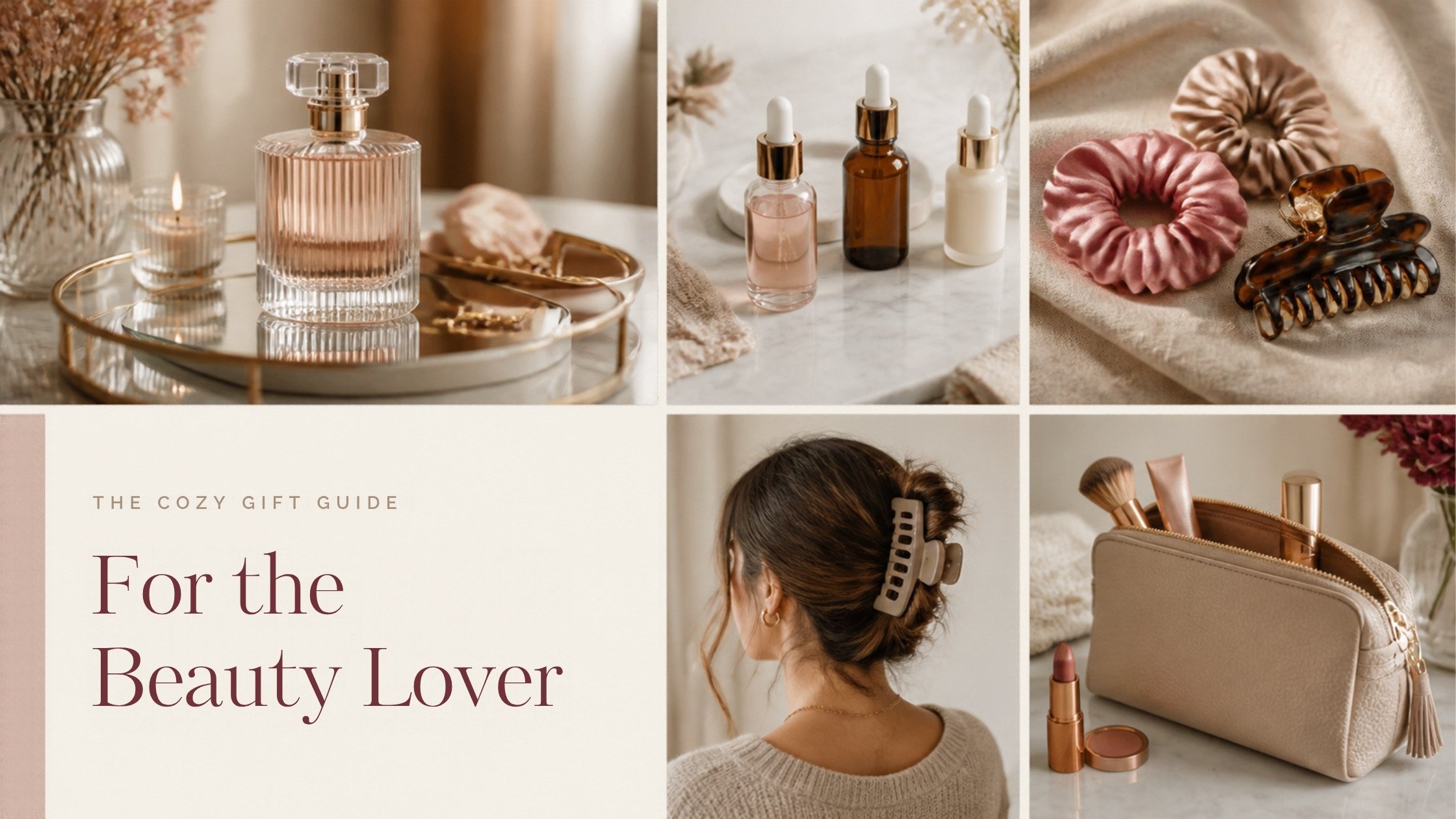 For the Beauty Lover gift guide collage: a perfume bottle on a vanity tray, skincare serums on marble, satin scrunchies and a claw clip, hair in a claw clip and a neutral makeup bag