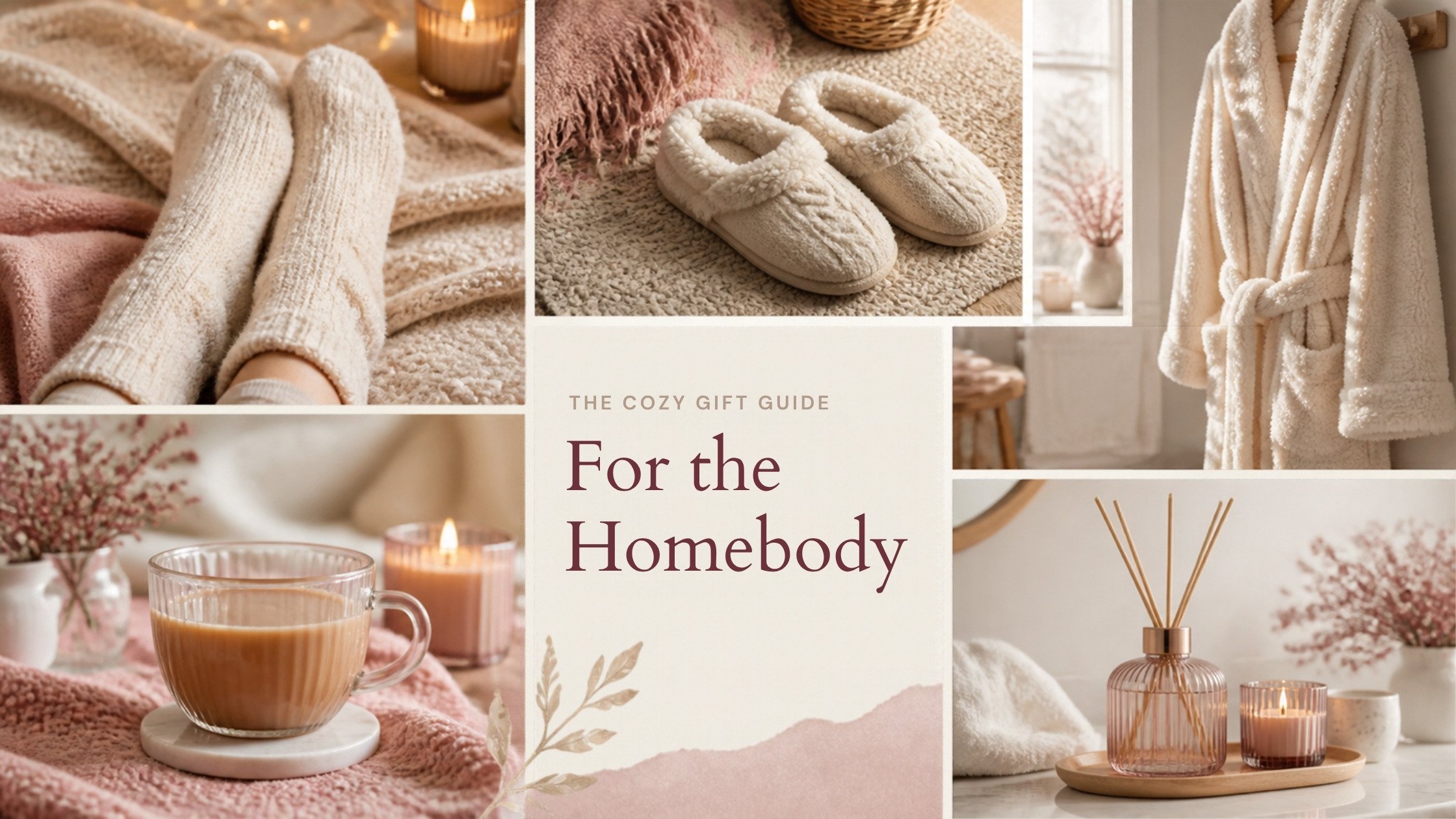 For the Homebody gift guide collage: cream fuzzy socks on a blanket, plush slippers, a fluffy cream robe, a glass mug of tea and a reed diffuser