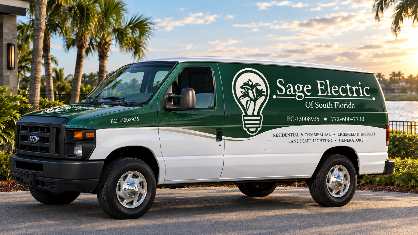 Green and white Sage Electric of South Florida service van parked near palm trees at sunset