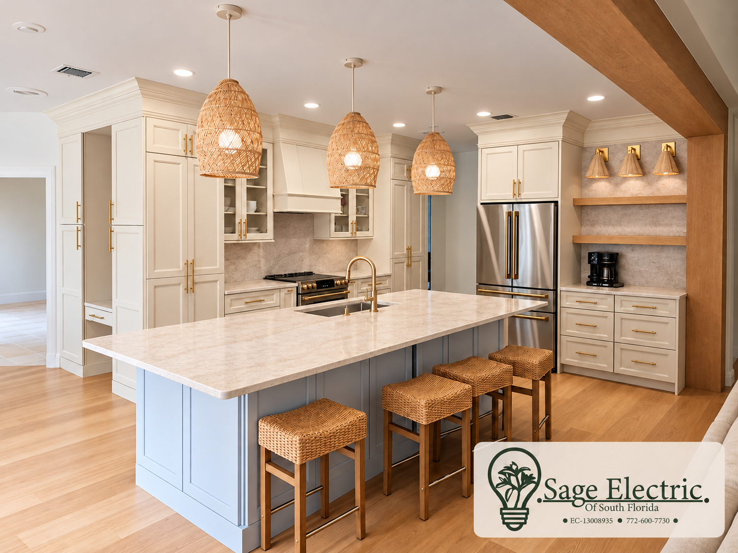 Bright renovated kitchen with a large marble island, woven pendant lights, white cabinetry, stainless steel appliances, and four wicker bar stools; Sage Electric of South Florida logo displayed.