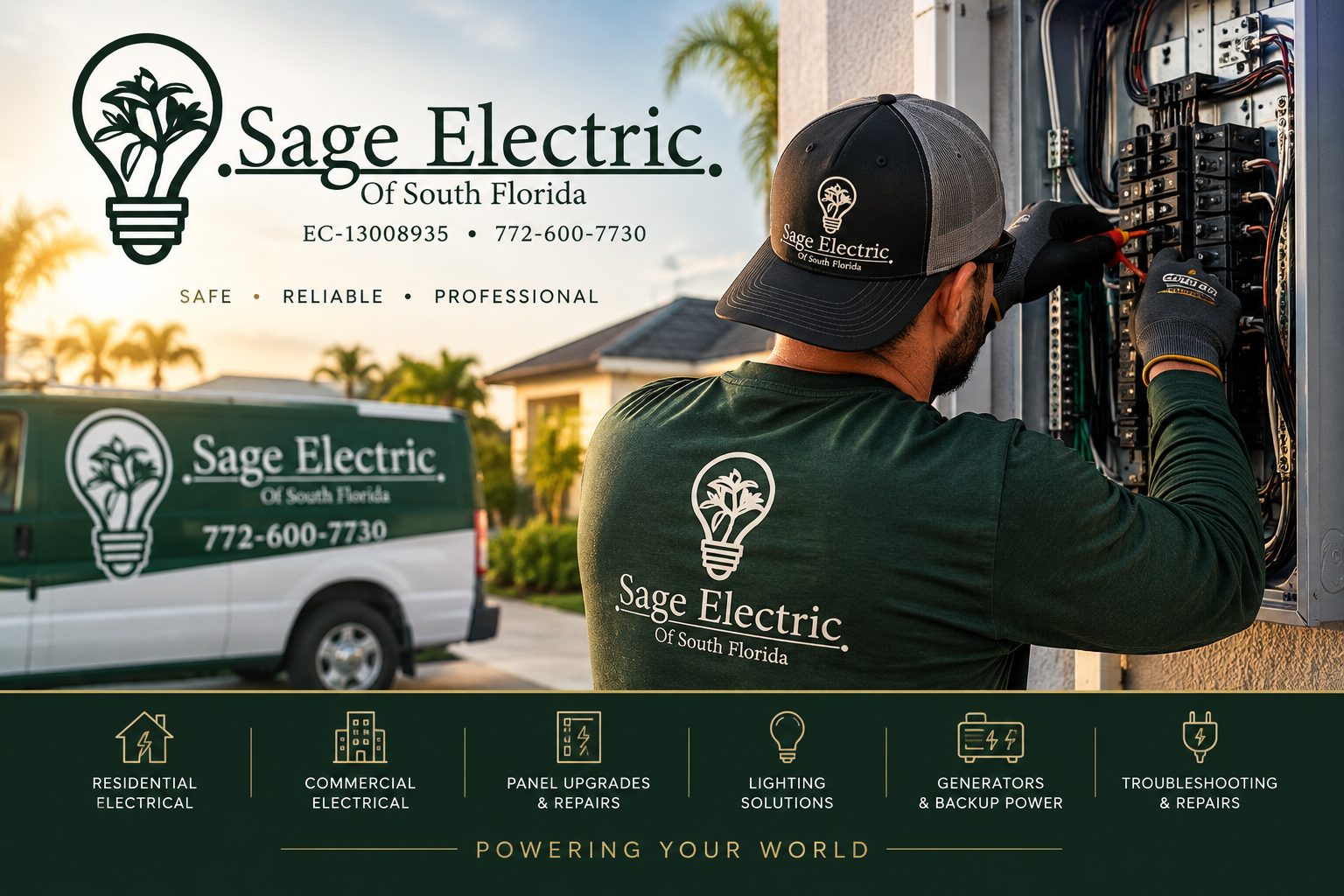 Sage Electric of South Florida electrician servicing a residential electrical panel beside a branded service van, with residential, commercial, panel repair, lighting, generator, and troubleshooting services listed.