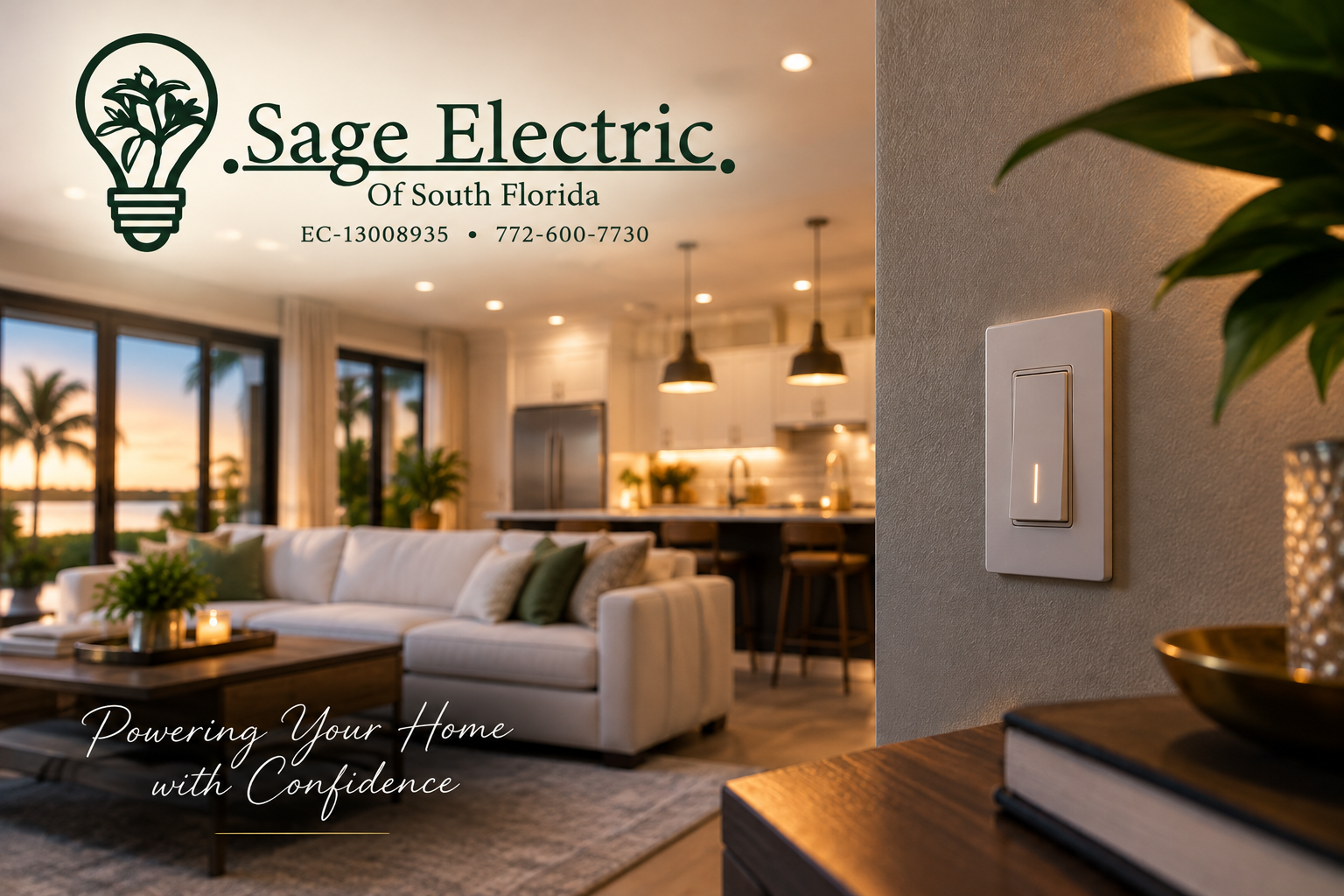 Sage Electric of South Florida home electrical services logo over a modern living room with a wall light switch