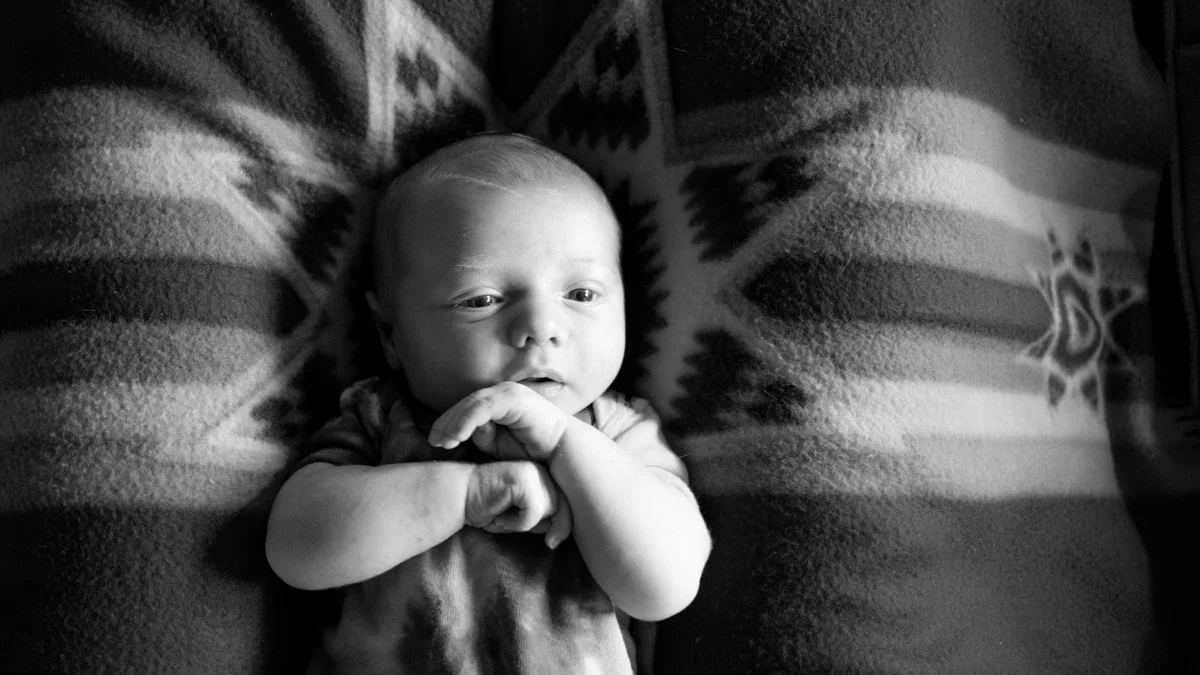 Black-and-white portrait of a newborn baby lying on a patterned blanket with hands folded near the face.