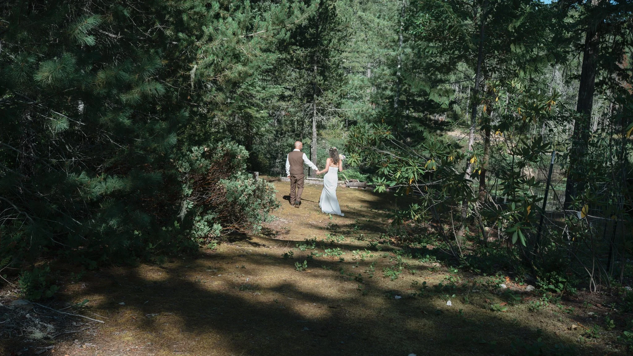 Bride and groom walking hand in hand through a sunlit forest garden