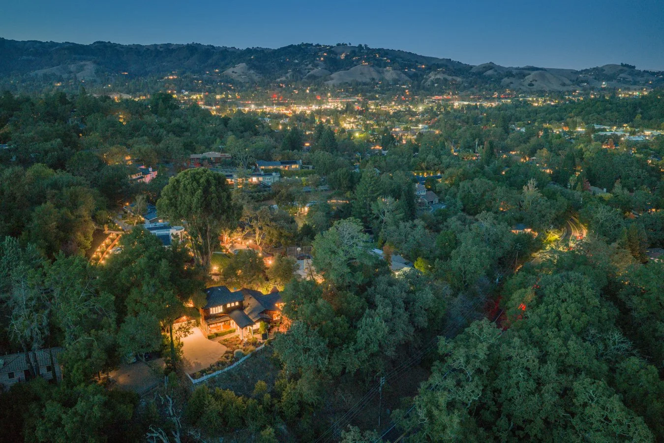 Aerial twilight view of a tree-covered suburban neighborhood with illuminated homes, hills, and city lights in the distance
