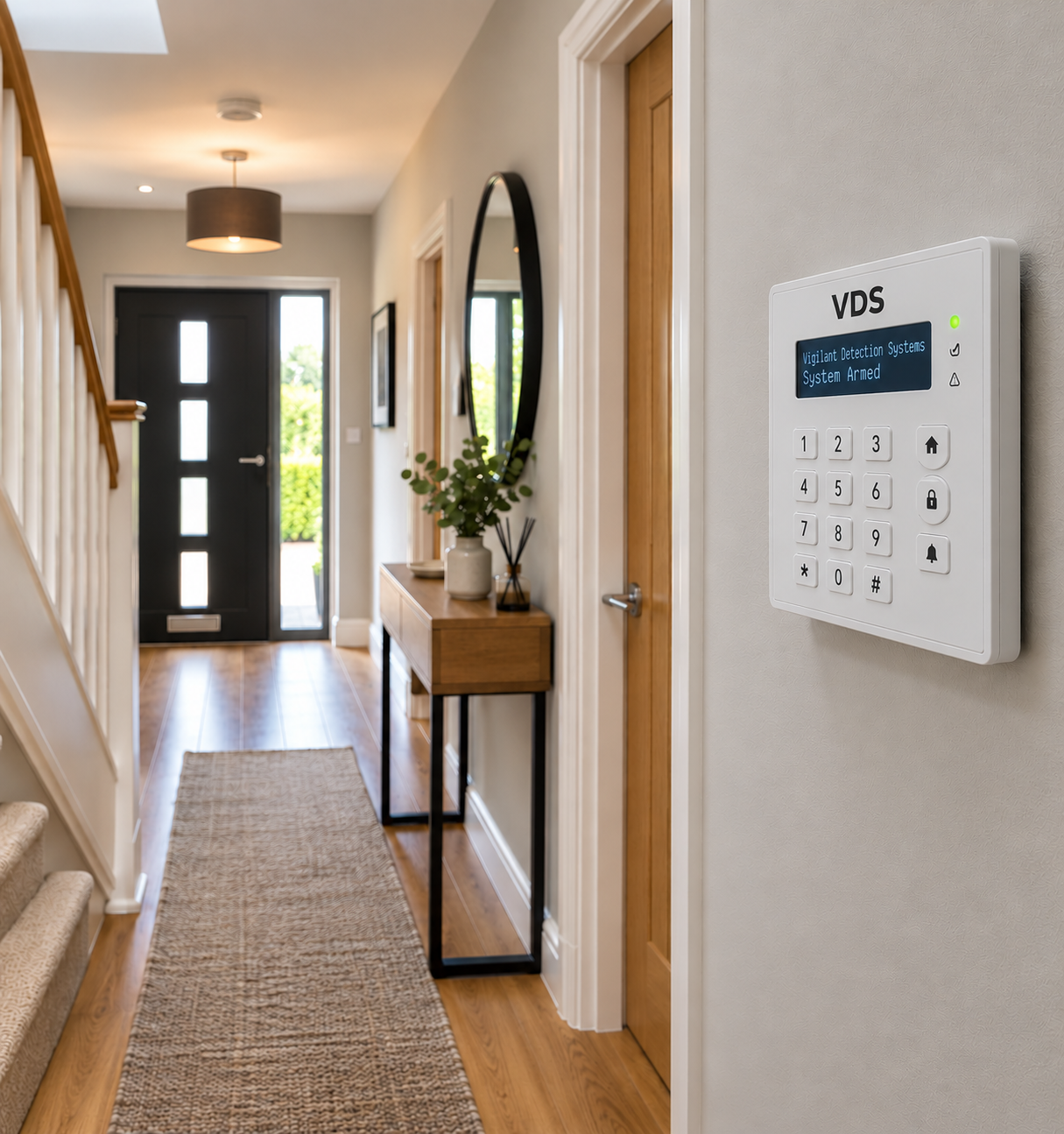 Home security alarm keypad displaying “System Armed” in a modern residential hallway