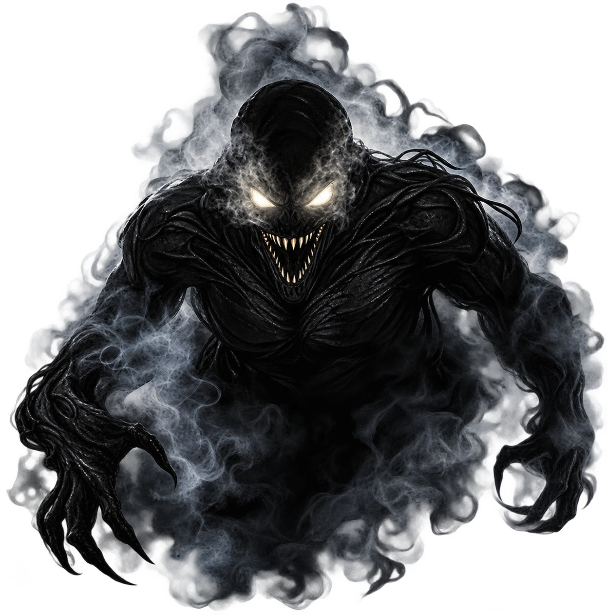 A nightstalker - a dark monster with jagged teeth, bright eyes and smoke around it