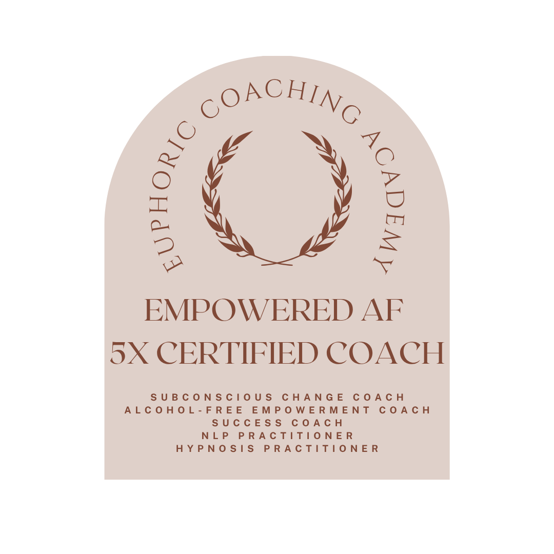 EuPhoric Coaching Academy graphic featuring a laurel wreath and text reading “Empowered AF,” “5X Certified Coach,” and coaching specialties.
