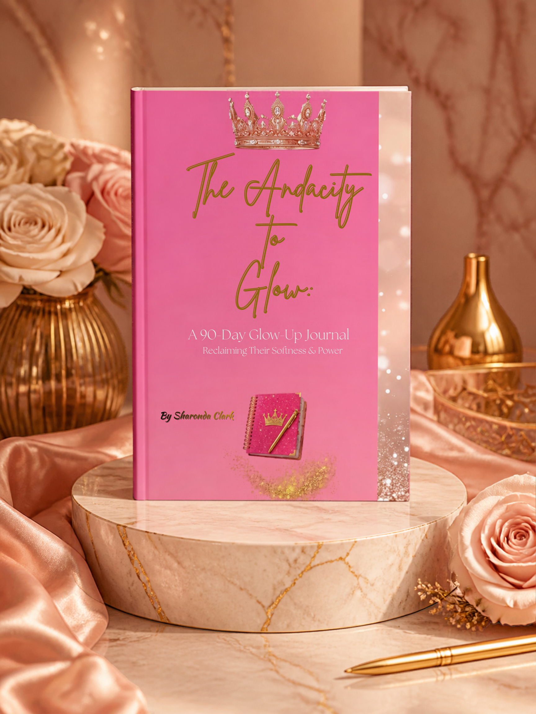 Pink 90-day glow-up journal titled “The Audacity to Glow” by Sharonda Clark, displayed on a marble table with roses, gold decor, and a pen.