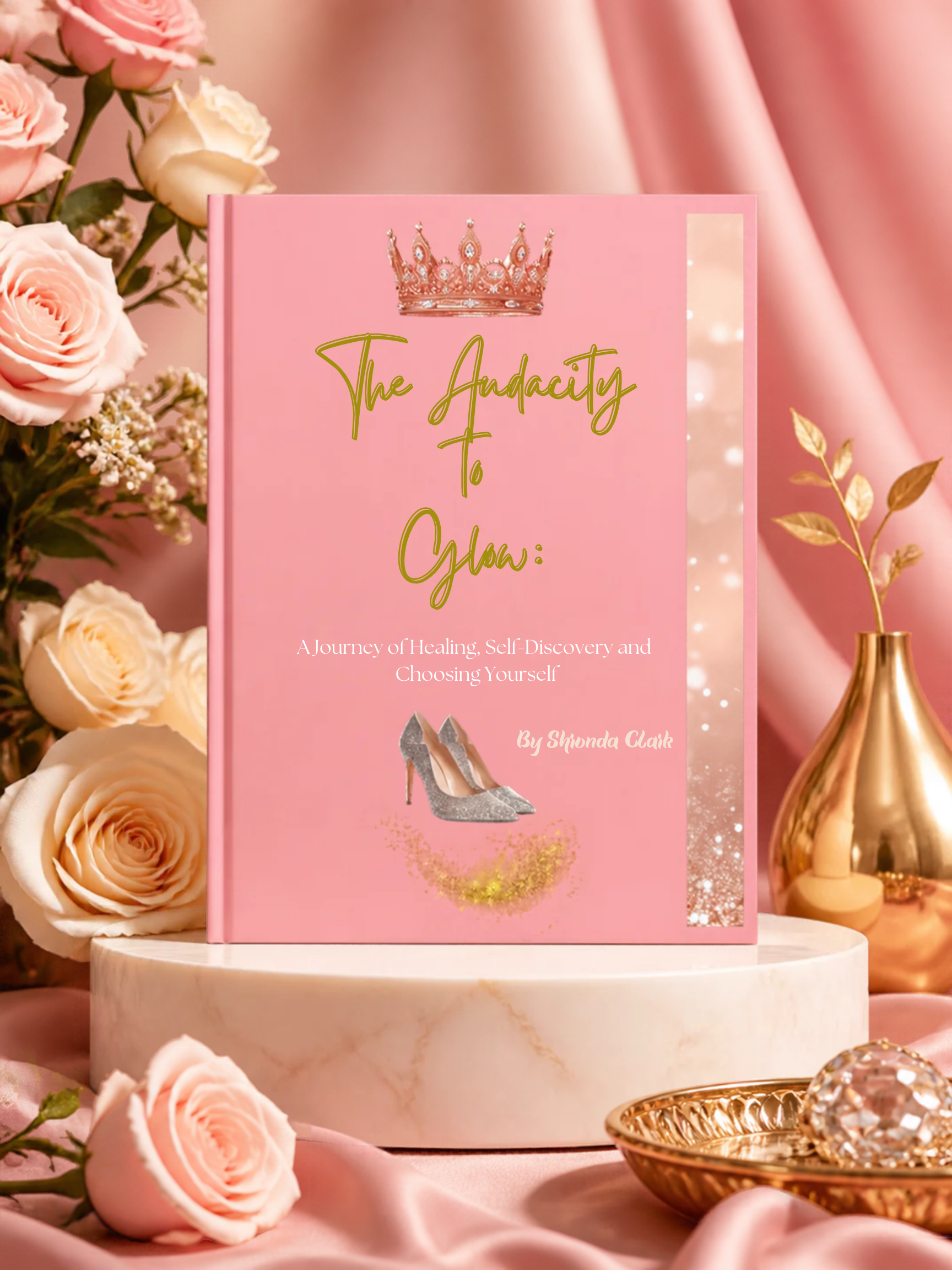 Pink book titled “The Audacity to Choose You,” about healing, self-discovery, and choosing yourself, displayed with roses, a crown, and gold decor.