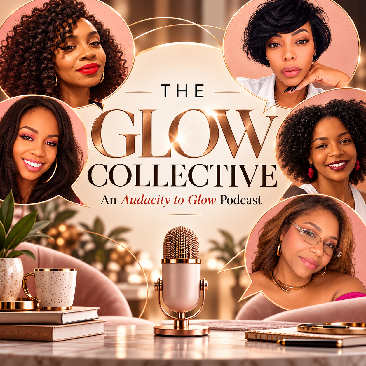 Promotional podcast graphic for The Glow Collective, featuring five Black women, a vintage microphone, and the tagline “An Audacity to Glow Podcast.”
