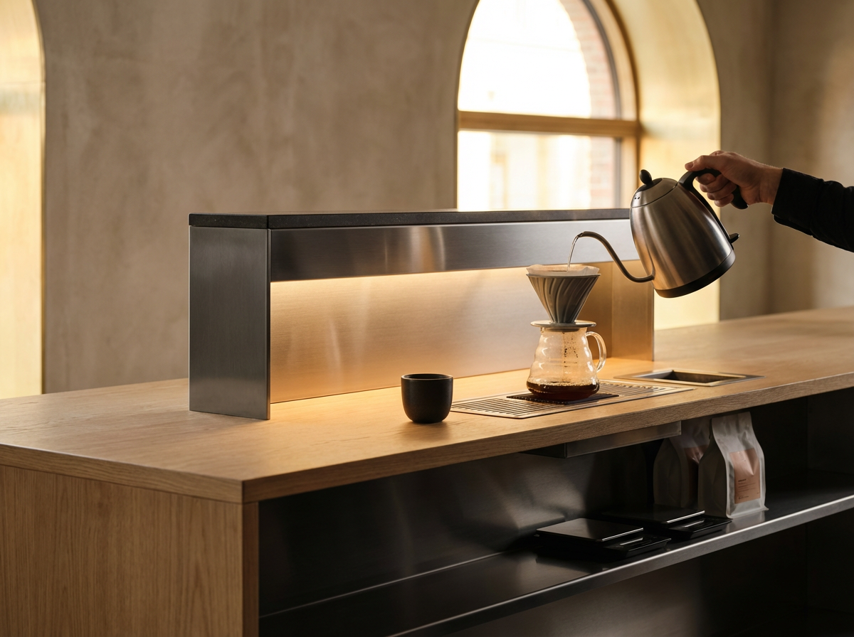 Pour-over coffee being brewed into a glass carafe on a modern wooden coffee bar