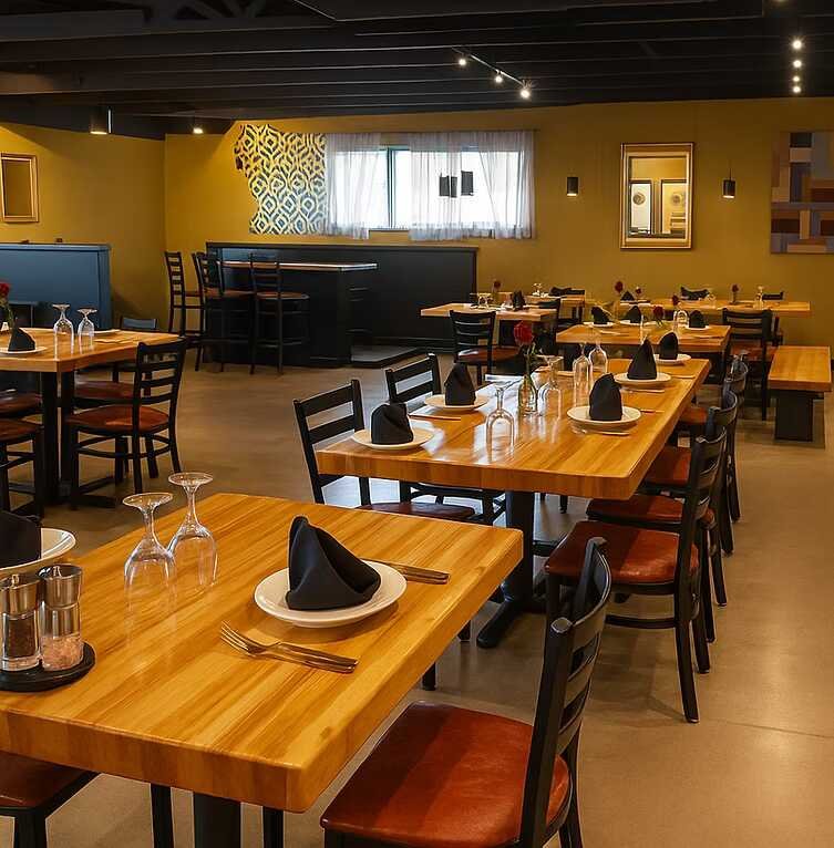 Warmly lit modern restaurant dining room with wooden tables, black napkins, set plates, and upholstered chairs