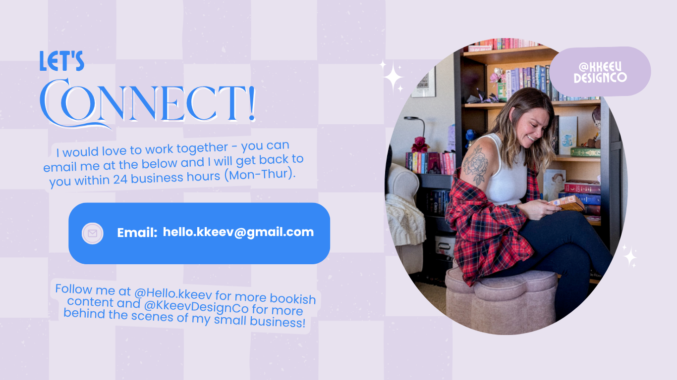 Contact graphic for Kkeev Design Co. featuring a smiling woman reading in a chair, email address hello.kkeev@gmail.com, and social media handles @Hello.kkeev and @KkeevDesignCo.