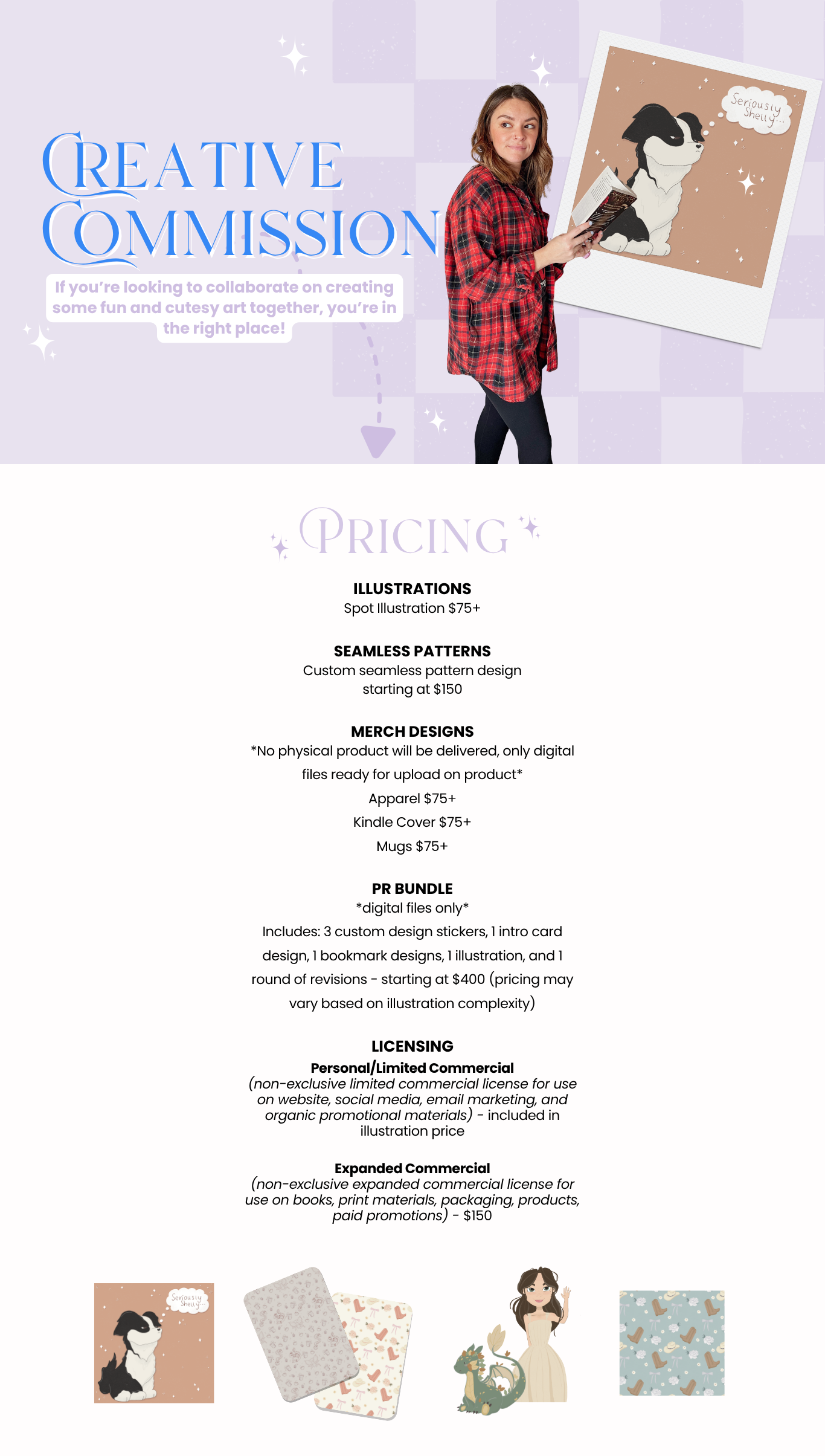 Creative commission pricing sheet featuring a woman, dog illustration, custom artwork services, digital design packages, and licensing rates.