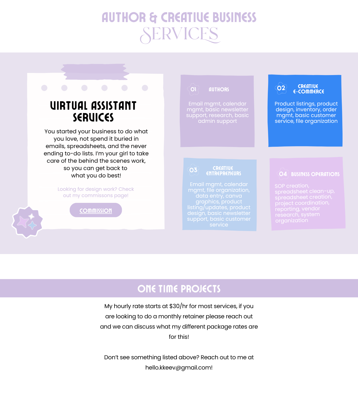 Author and creative business services flyer listing virtual assistant, author, creative e-commerce, creative entrepreneur, and business operations services, plus one-time project pricing.
