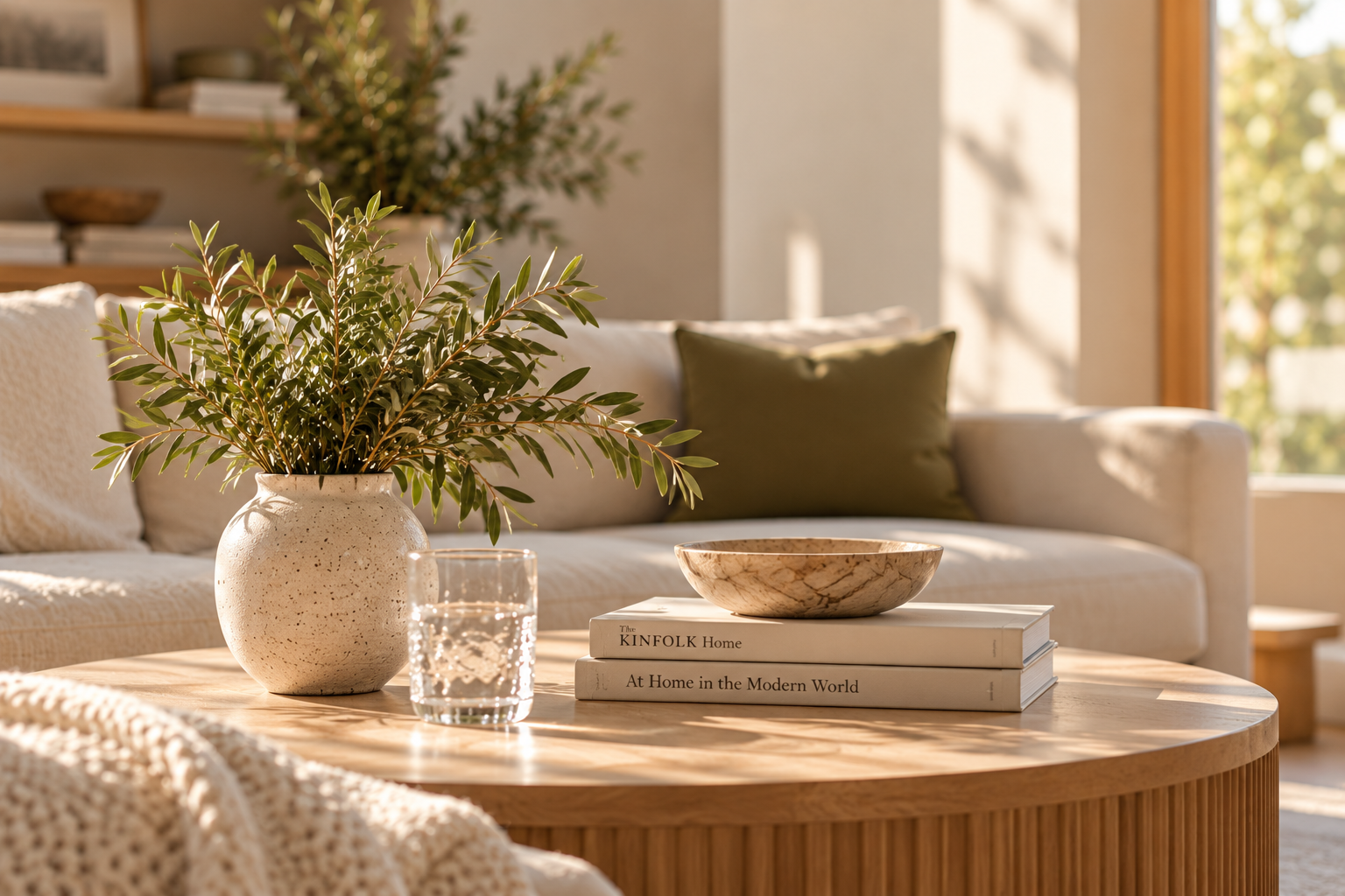 Sunlit modern living room with an olive branch in a ceramic vase, glass of water, wooden bowl, and design books on a round coffee table.