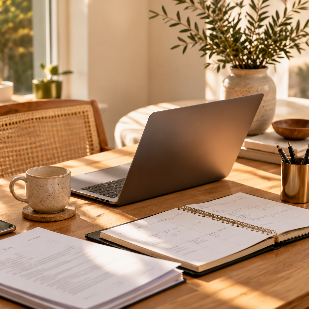 Sunlit home office with an open laptop, coffee mug, planner, papers, and potted olive tree on a wooden desk