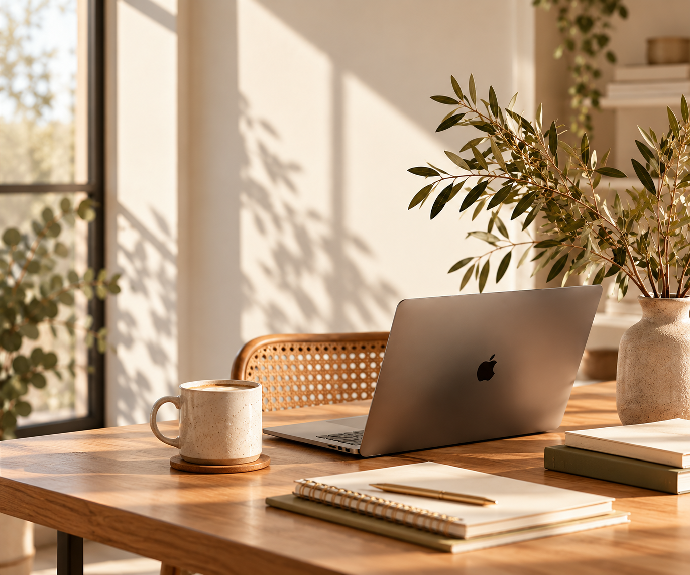 Sunlit home office with an open laptop, coffee mug, notebooks, pencil, and potted olive tree on a wooden desk