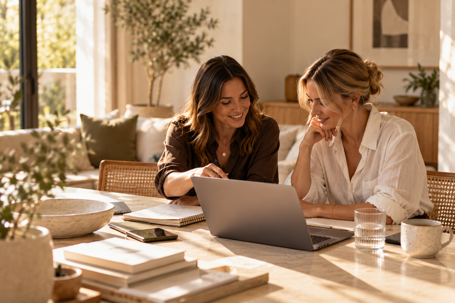 Two women collaborating over a laptop in a warm, sunlit home workspace